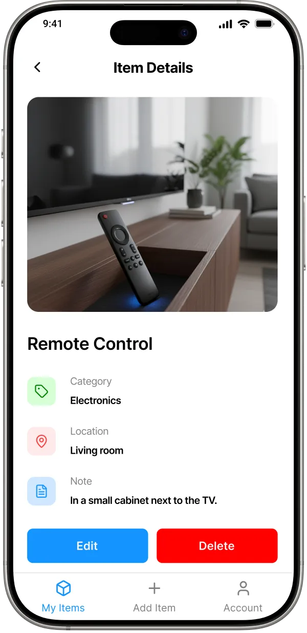 The iFoundIt item details screen showing a remote control tagged as Electronics in the living room, with a note saying it is in a small cabinet next to the TV